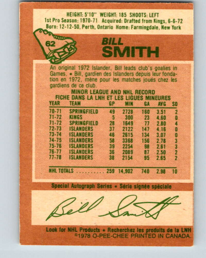 1978-79 O-Pee-Chee #62 Billy Smith New York Islanders V21722