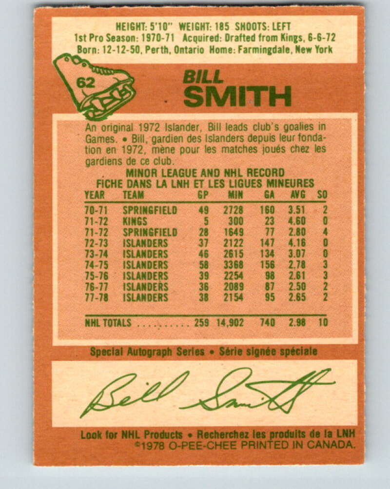 1978-79 O-Pee-Chee #62 Billy Smith New York Islanders V21727