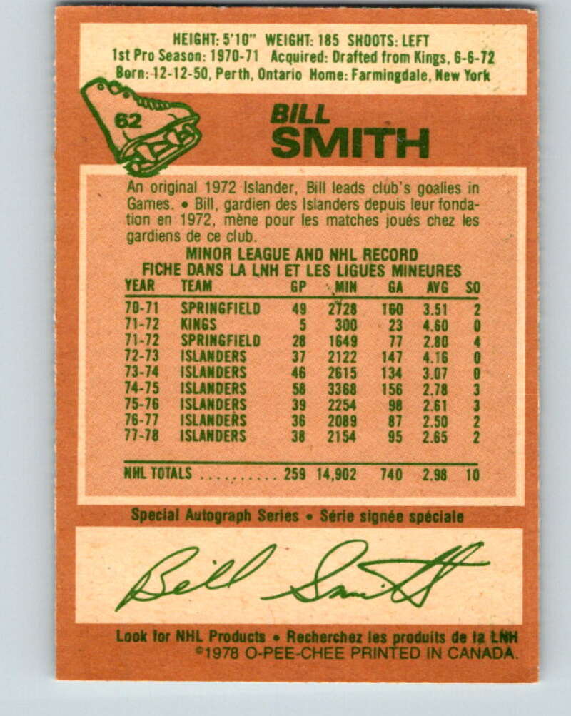 1978-79 O-Pee-Chee #62 Billy Smith New York Islanders V21731
