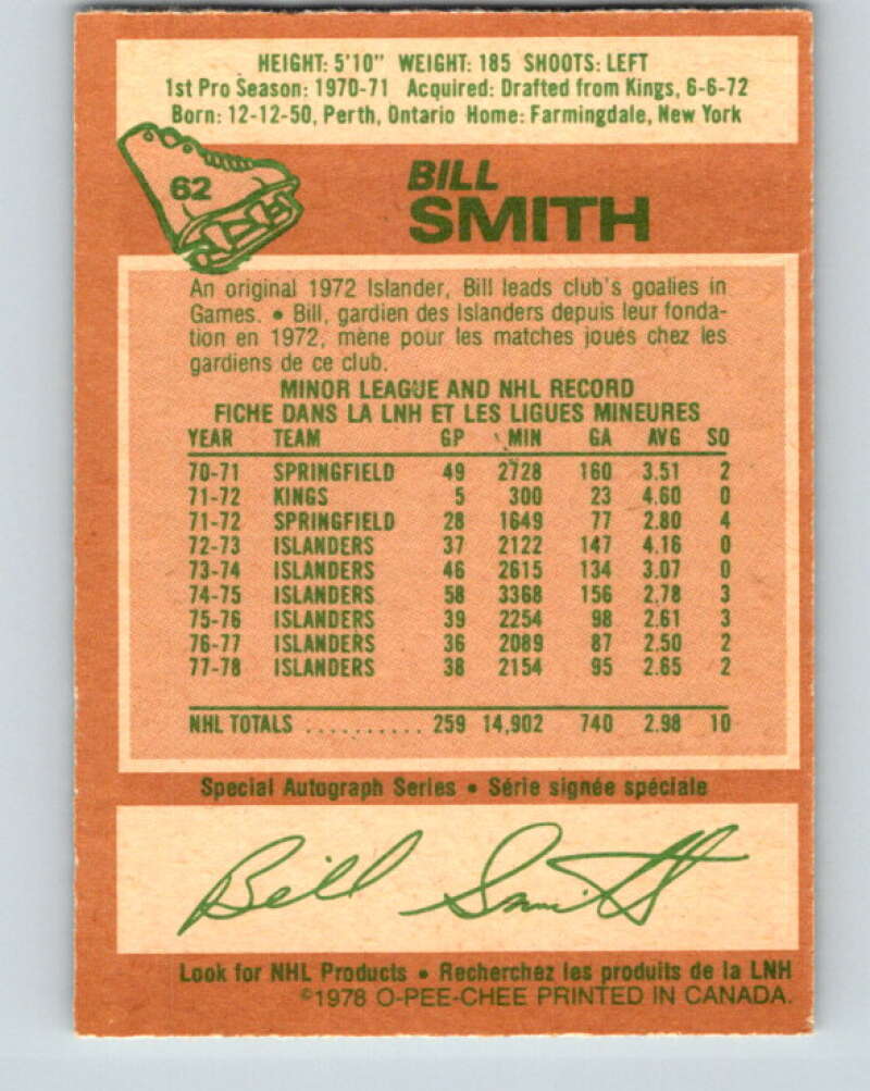 1978-79 O-Pee-Chee #62 Billy Smith New York Islanders V21733