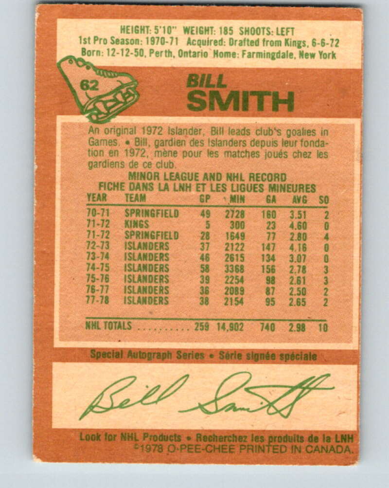 1978-79 O-Pee-Chee #62 Billy Smith New York Islanders V21734