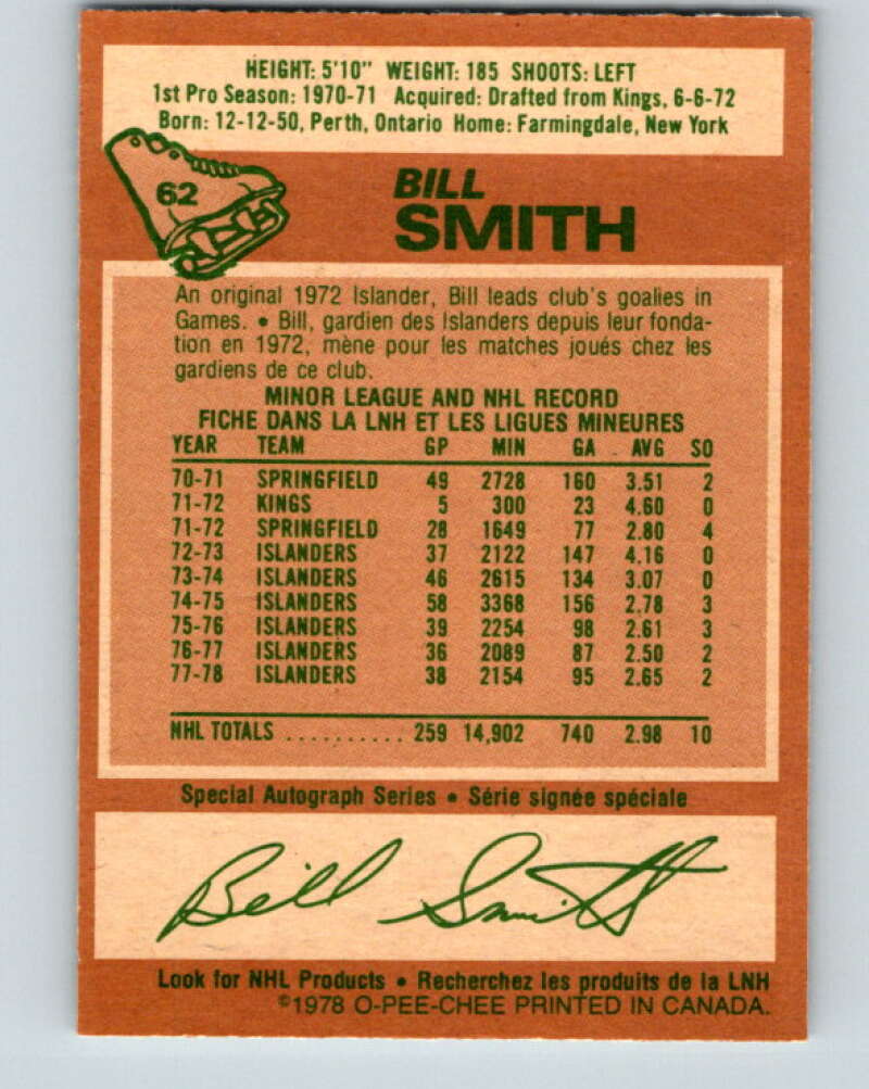 1978-79 O-Pee-Chee #62 Billy Smith New York Islanders V21735