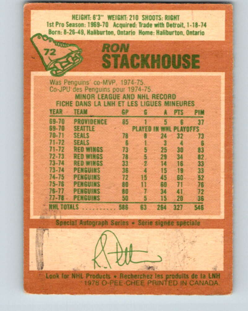 1978-79 O-Pee-Chee #72 Ron Stackhouse Pittsburgh Penguins V21865