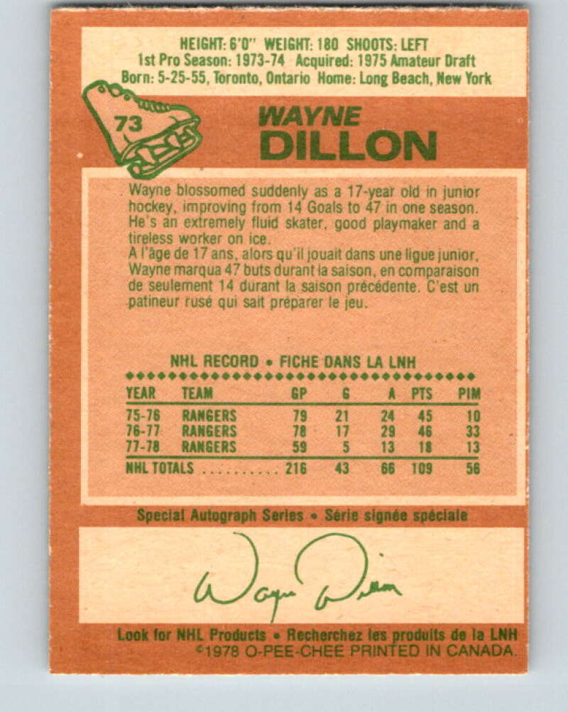 1978-79 O-Pee-Chee #73 Wayne Dillon New York Rangers V21872