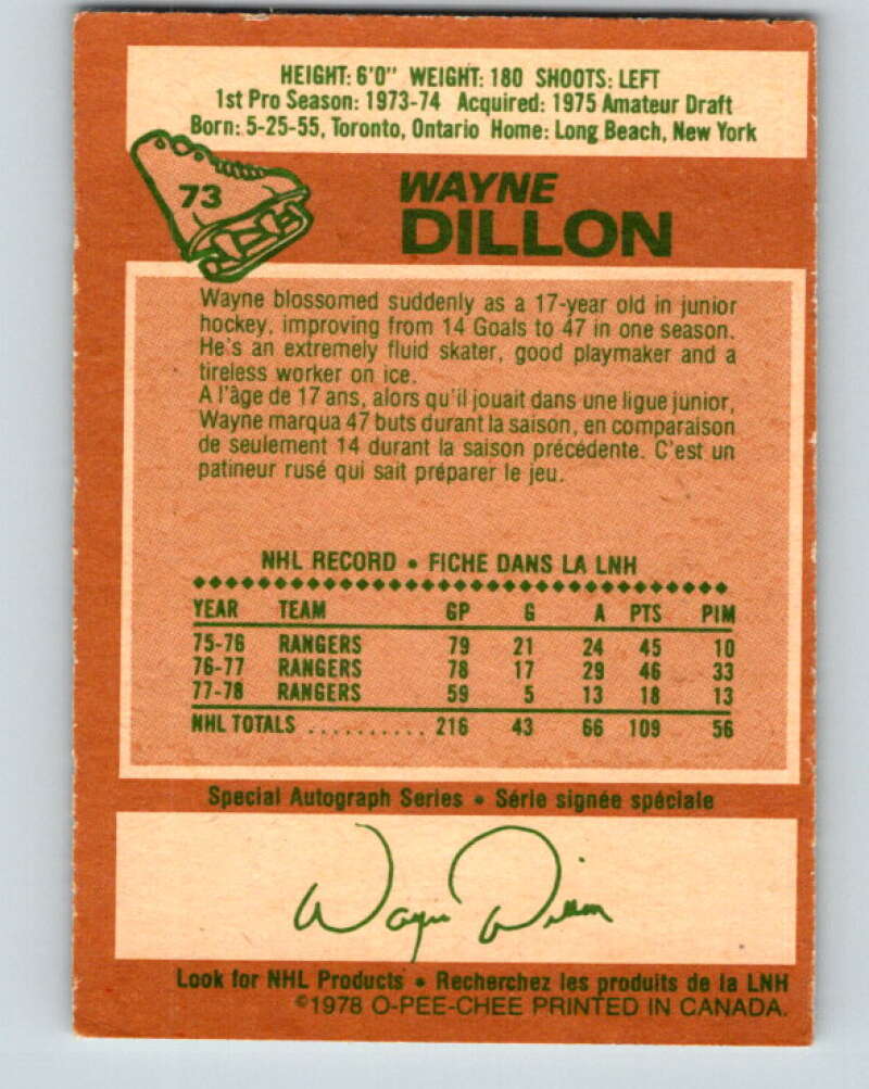 1978-79 O-Pee-Chee #73 Wayne Dillon New York Rangers V21874