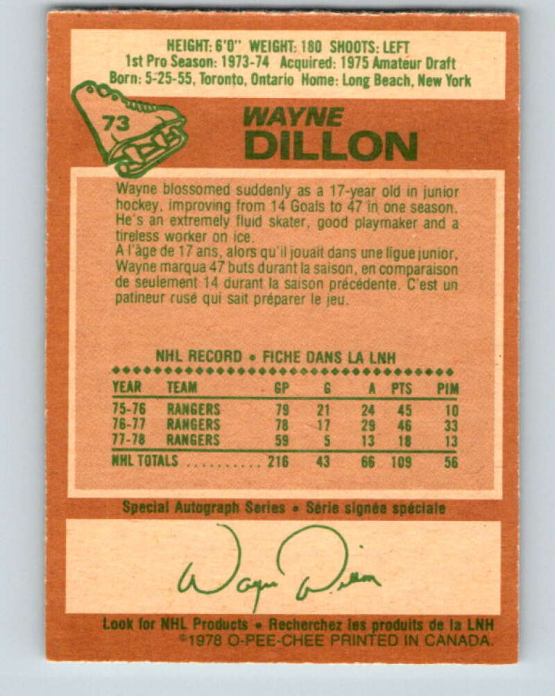 1978-79 O-Pee-Chee #73 Wayne Dillon New York Rangers V21880
