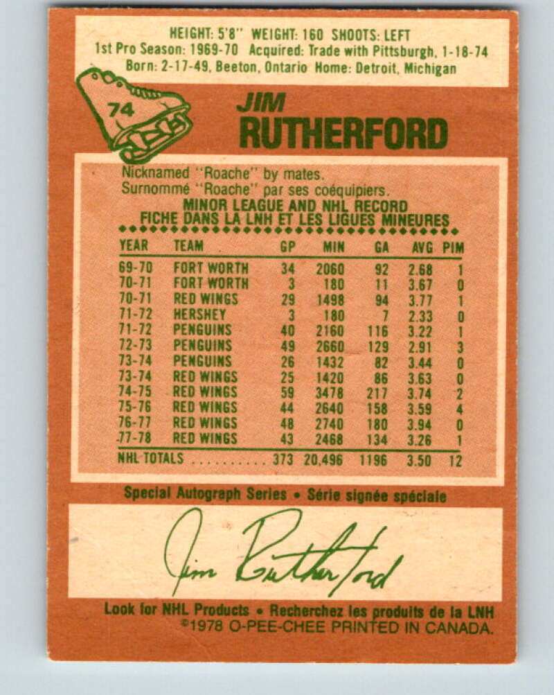 1978-79 O-Pee-Chee #74 Jim Rutherford Detroit Red Wings V21887