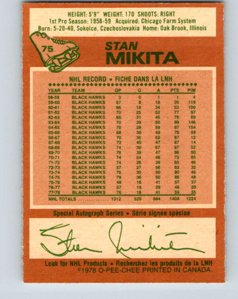 1978-79 O-Pee-Chee #75 Stan Mikita Chicago Blackhawks V21899