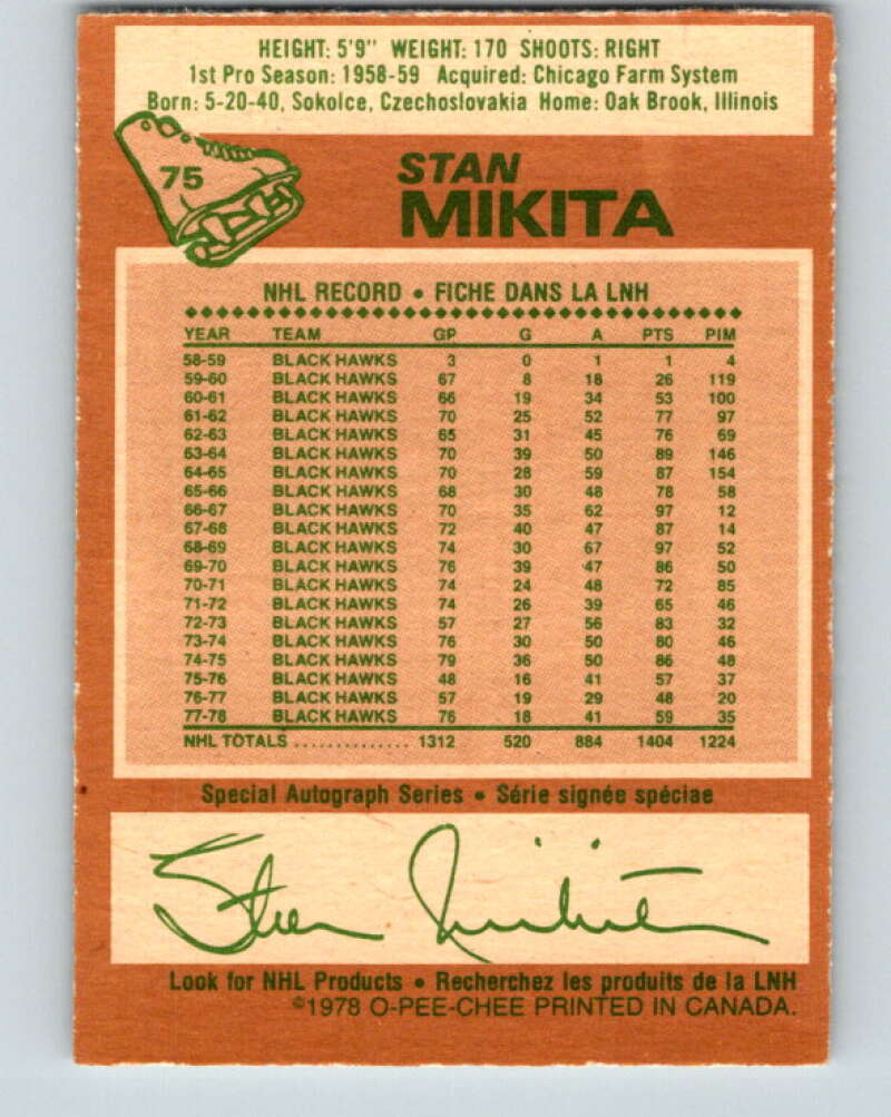 1978-79 O-Pee-Chee #75 Stan Mikita Chicago Blackhawks V21904