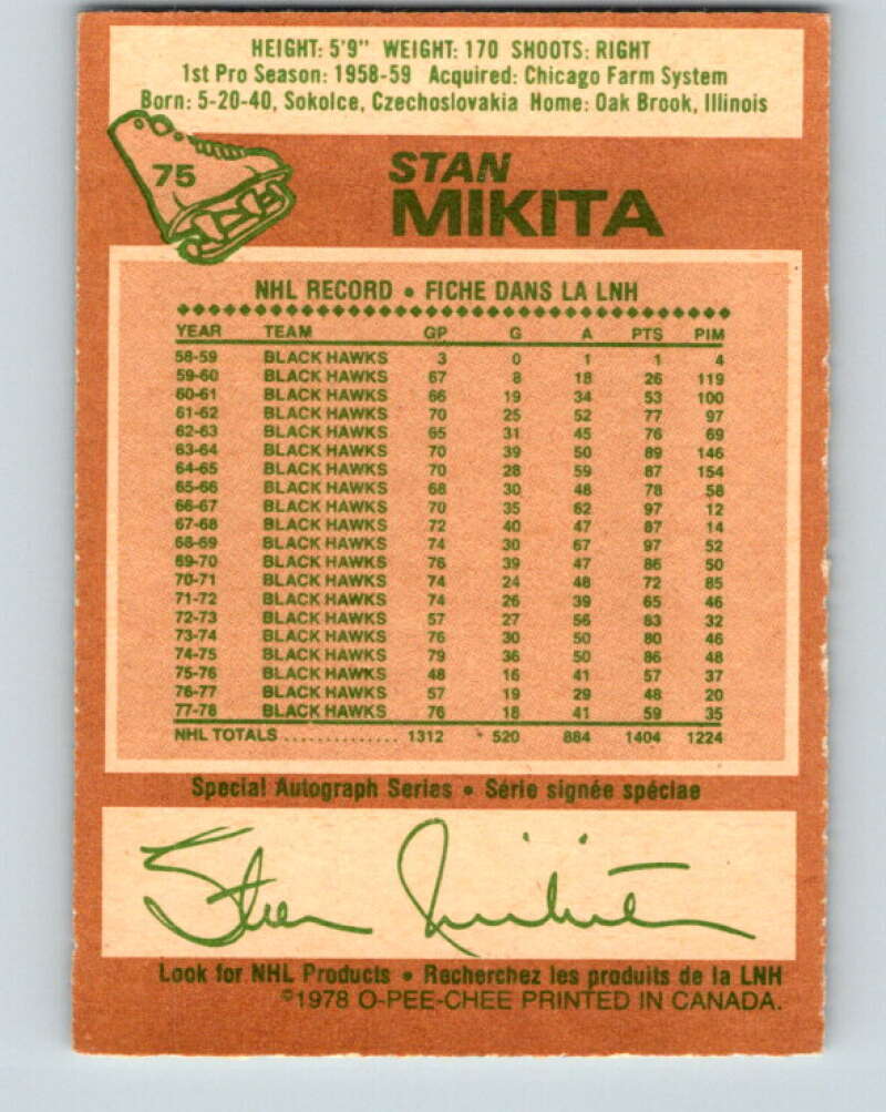 1978-79 O-Pee-Chee #75 Stan Mikita Chicago Blackhawks V21905