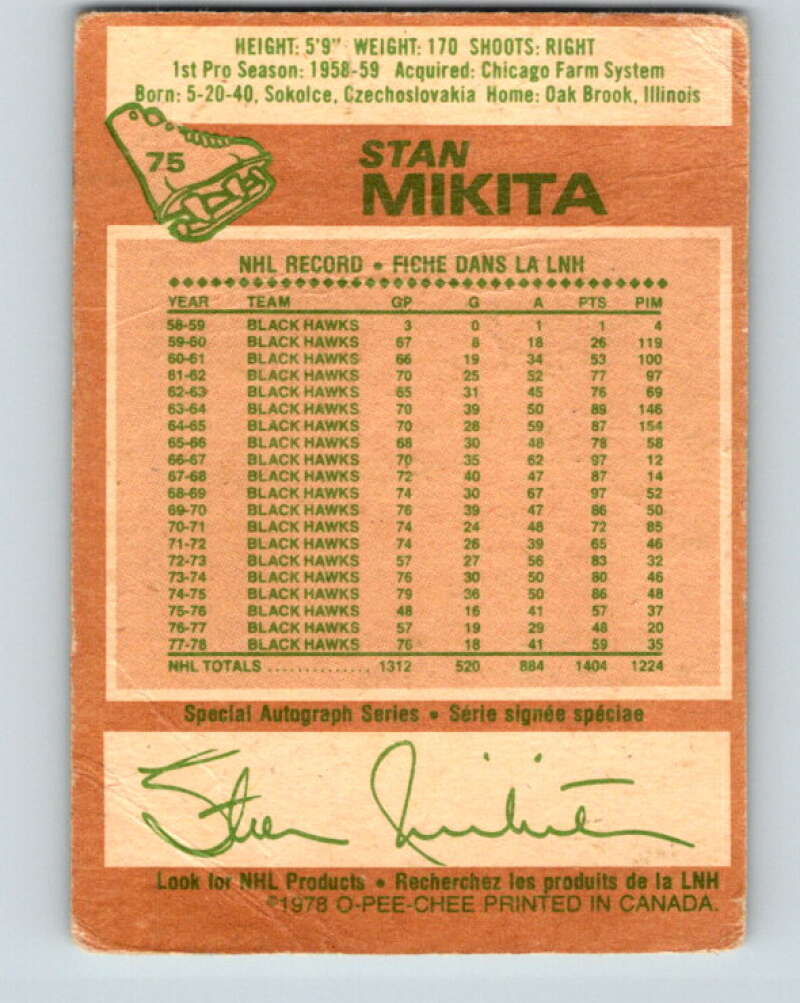 1978-79 O-Pee-Chee #75 Stan Mikita Chicago Blackhawks V21906