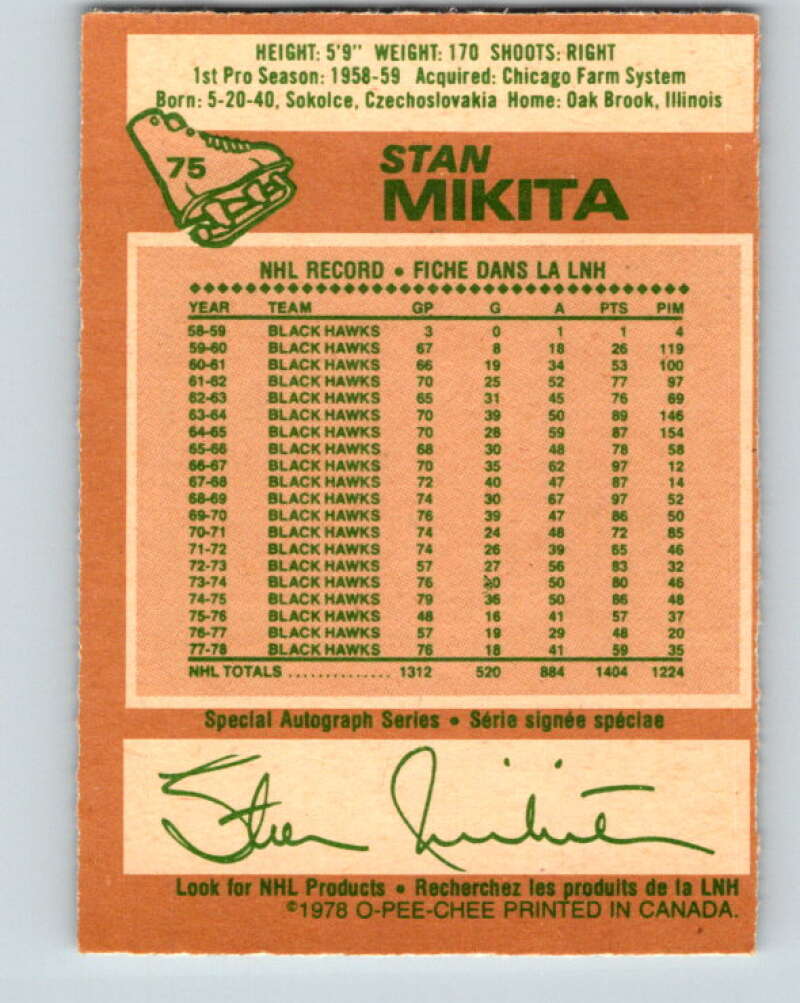 1978-79 O-Pee-Chee #75 Stan Mikita Chicago Blackhawks V21911