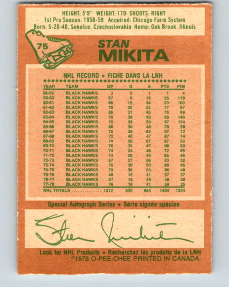 1978-79 O-Pee-Chee #75 Stan Mikita Chicago Blackhawks V21912