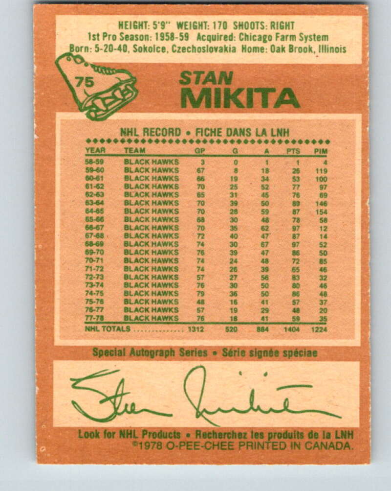 1978-79 O-Pee-Chee #75 Stan Mikita Chicago Blackhawks V21913