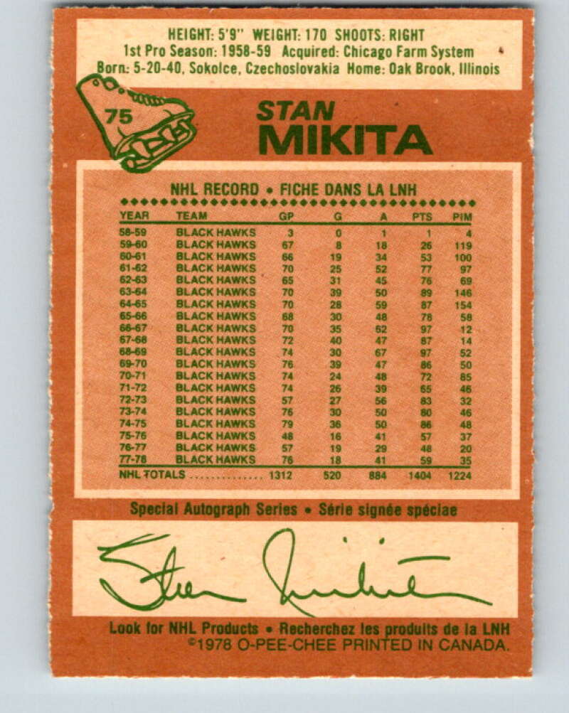 1978-79 O-Pee-Chee #75 Stan Mikita Chicago Blackhawks V21914