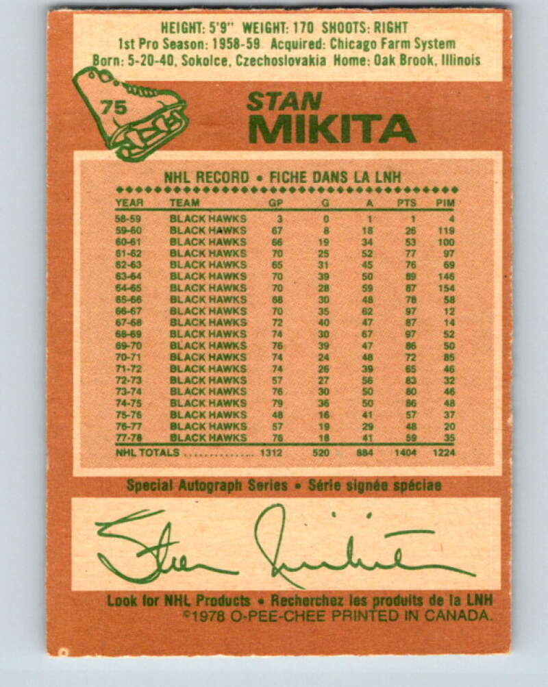 1978-79 O-Pee-Chee #75 Stan Mikita Chicago Blackhawks V21915