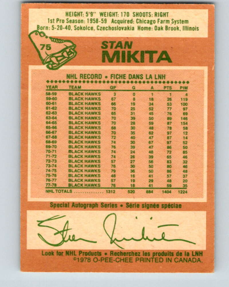 1978-79 O-Pee-Chee #75 Stan Mikita Chicago Blackhawks V21917