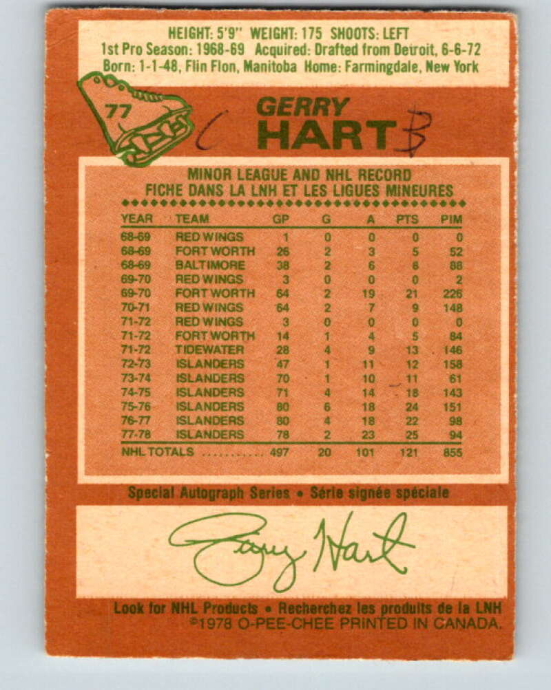 1978-79 O-Pee-Chee #77 Gerry Hart New York Islanders V21922