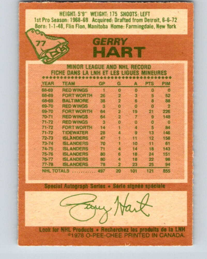 1978-79 O-Pee-Chee #77 Gerry Hart New York Islanders V21925