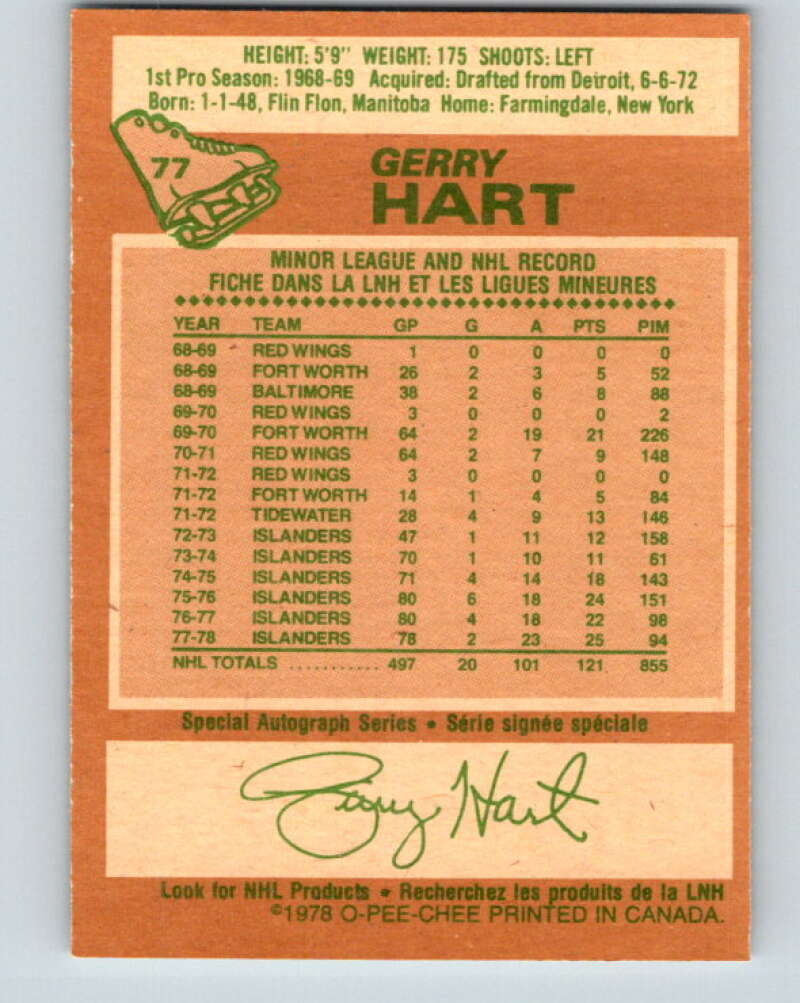 1978-79 O-Pee-Chee #77 Gerry Hart New York Islanders V21933