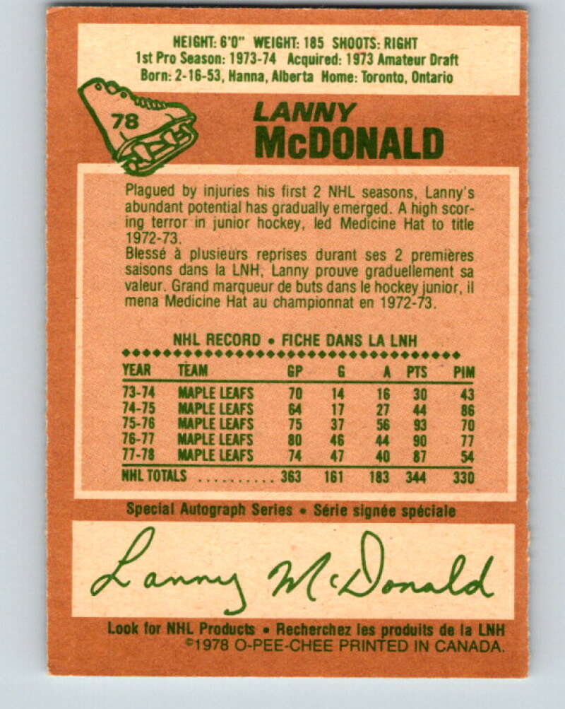 1978-79 O-Pee-Chee #78 Lanny McDonald Maple Leafs V21940