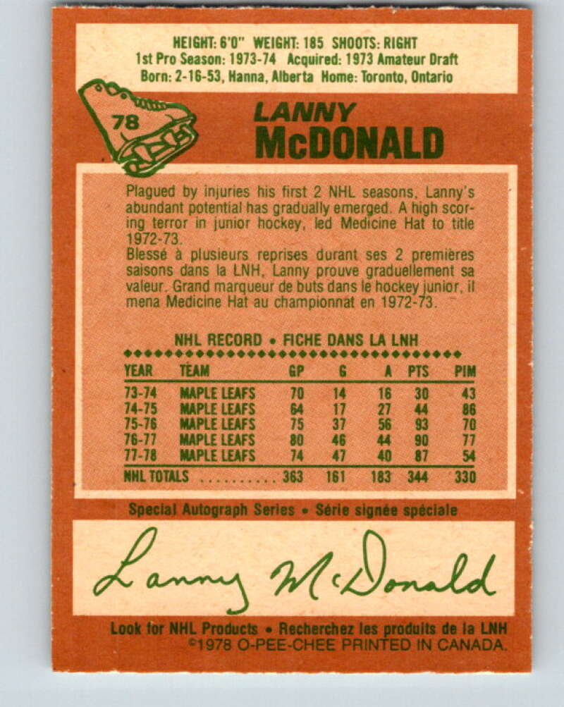 1978-79 O-Pee-Chee #78 Lanny McDonald Maple Leafs V21941