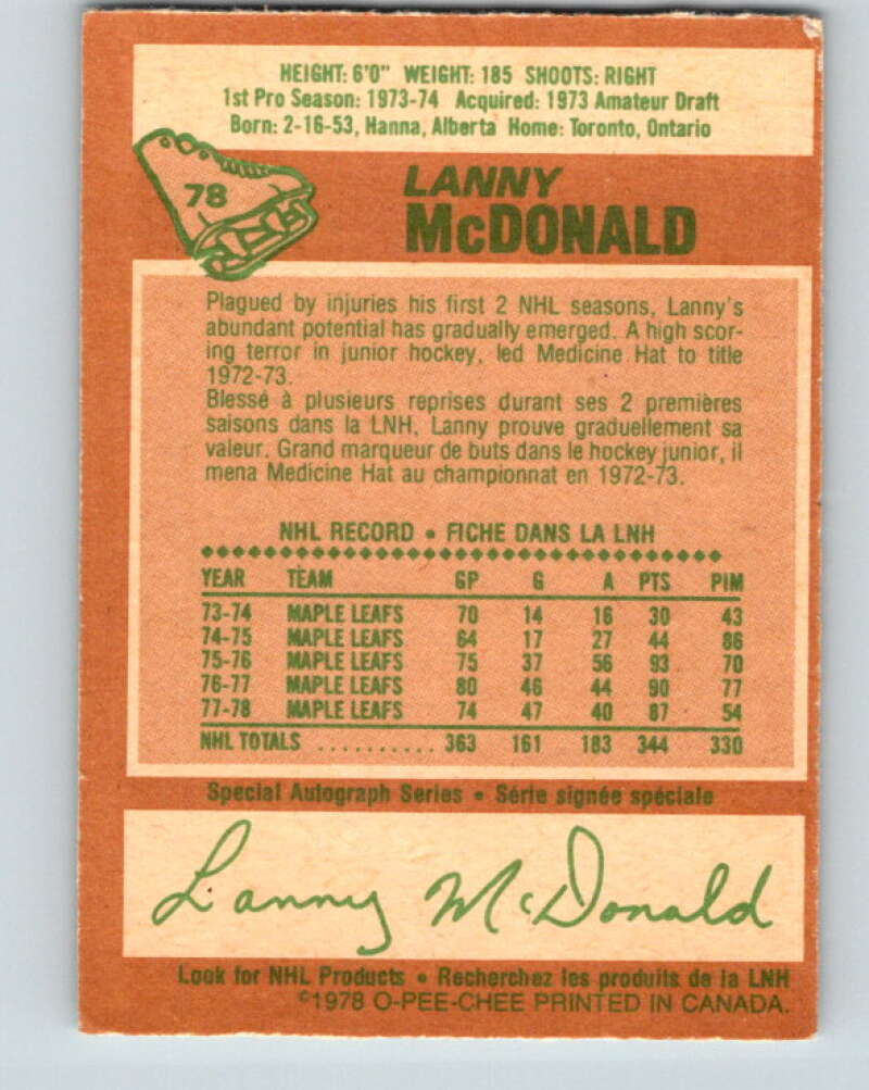 1978-79 O-Pee-Chee #78 Lanny McDonald Maple Leafs V21943