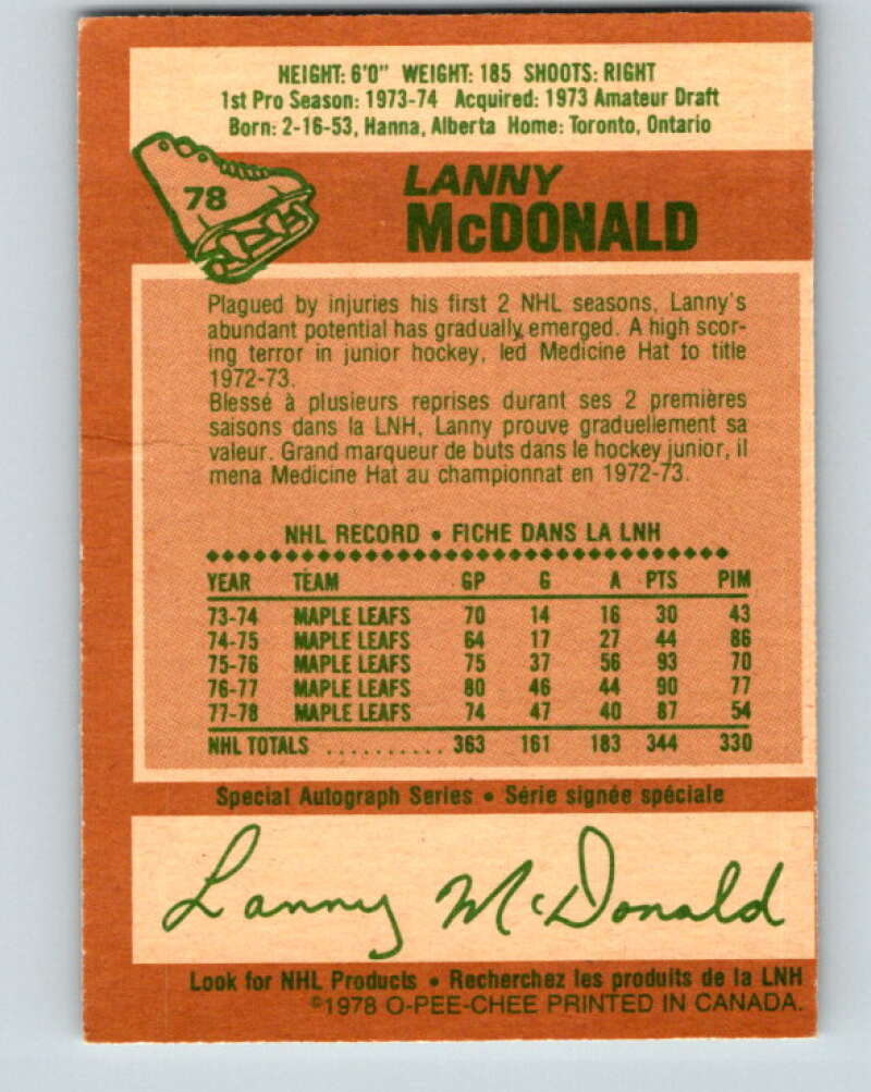 1978-79 O-Pee-Chee #78 Lanny McDonald Maple Leafs V21950