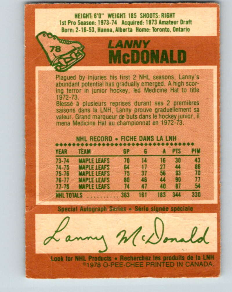 1978-79 O-Pee-Chee #78 Lanny McDonald Maple Leafs V21951