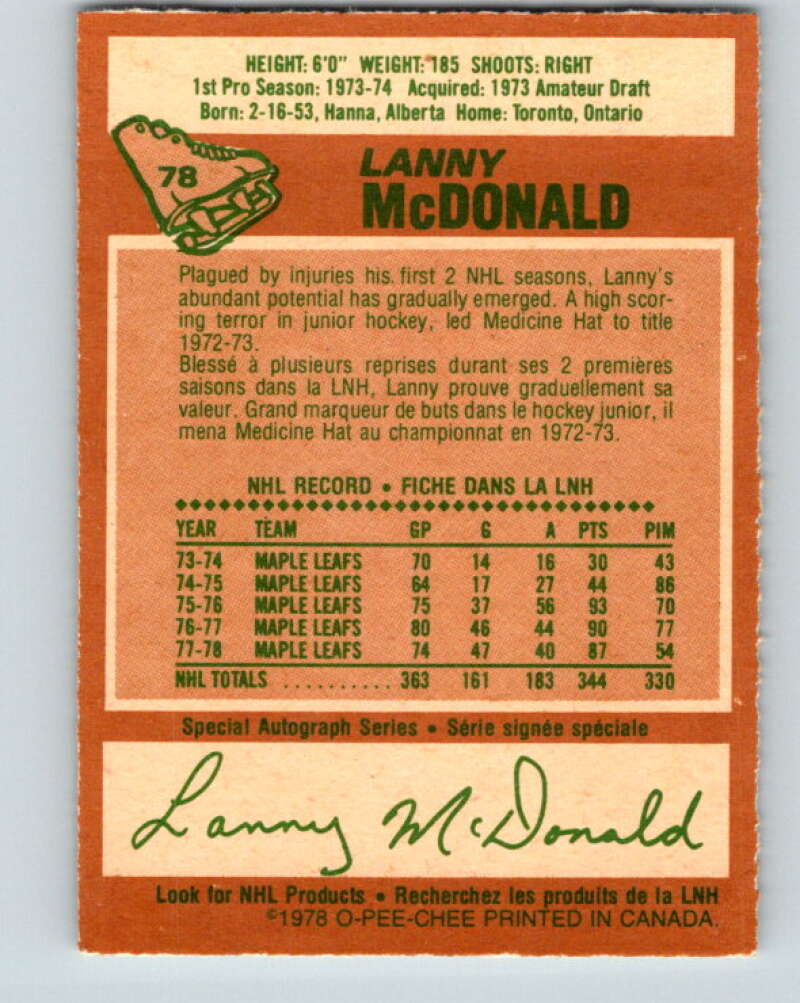 1978-79 O-Pee-Chee #78 Lanny McDonald Maple Leafs V21957