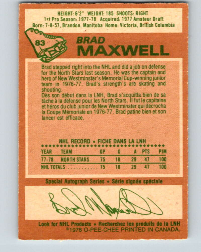 1978-79 O-Pee-Chee #83 Brad Maxwell RC Rookie Minnesota V22022