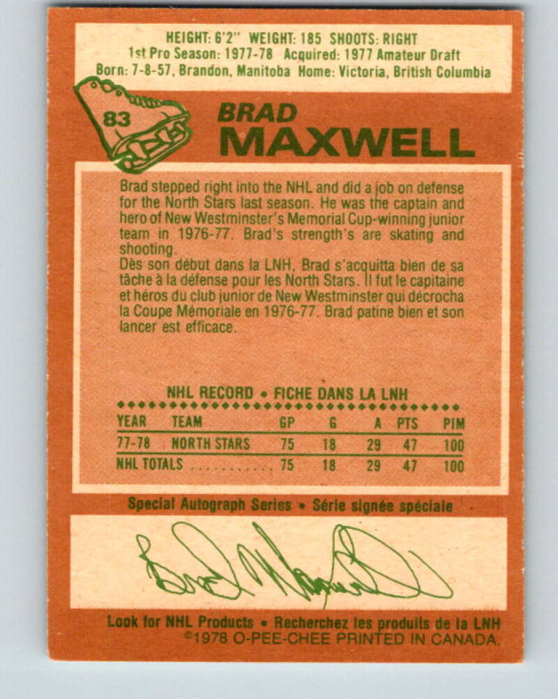 1978-79 O-Pee-Chee #83 Brad Maxwell RC Rookie Minnesota V22024