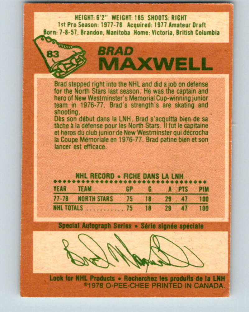 1978-79 O-Pee-Chee #83 Brad Maxwell RC Rookie Minnesota V22030