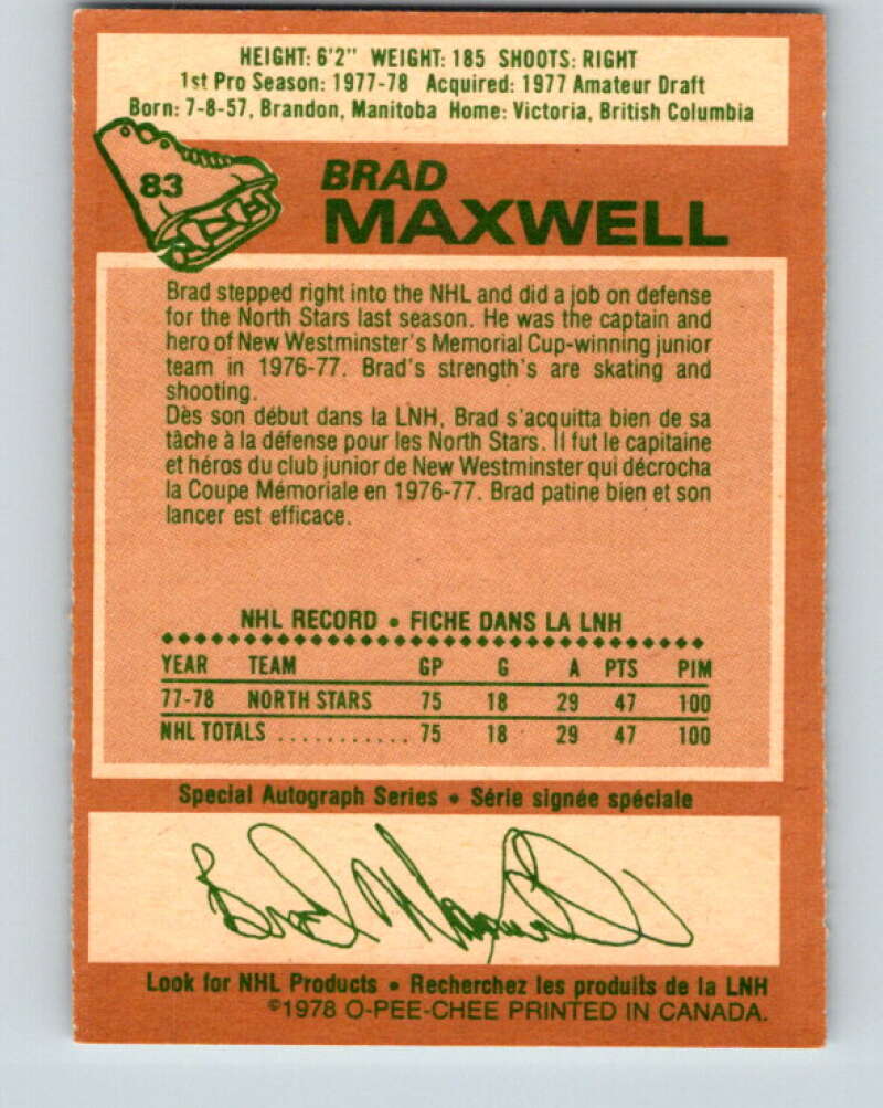 1978-79 O-Pee-Chee #83 Brad Maxwell RC Rookie Minnesota V22032
