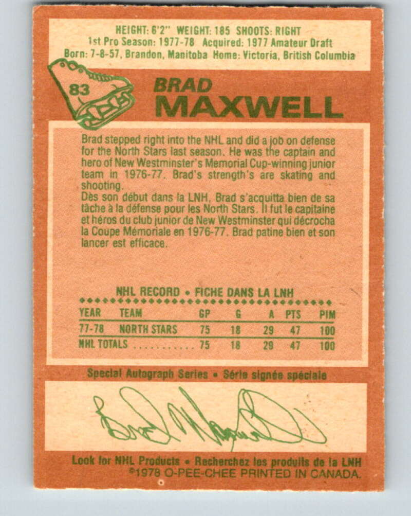 1978-79 O-Pee-Chee #83 Brad Maxwell RC Rookie Minnesota V22033