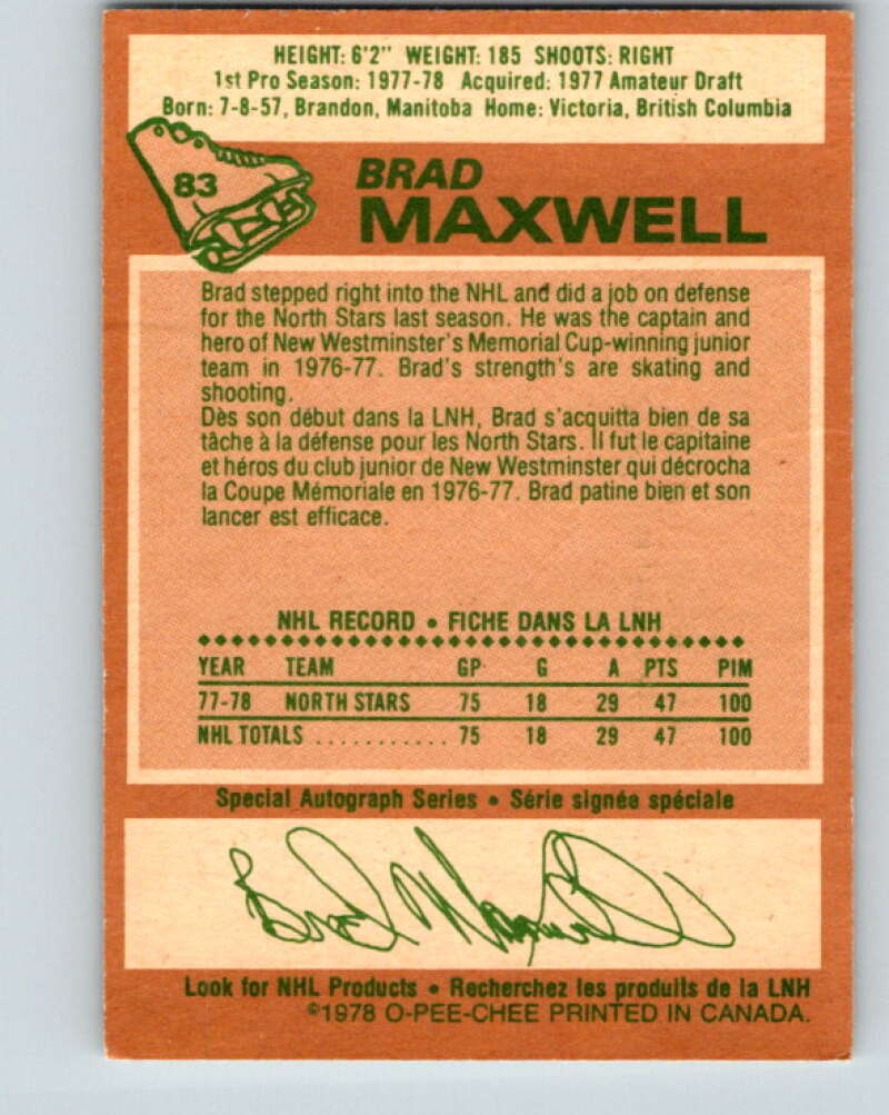 1978-79 O-Pee-Chee #83 Brad Maxwell RC Rookie Minnesota V22036