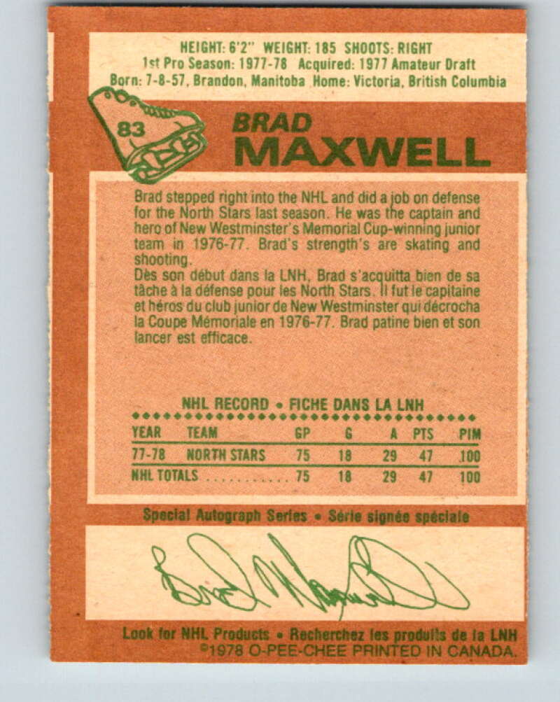 1978-79 O-Pee-Chee #83 Brad Maxwell RC Rookie Minnesota V22038