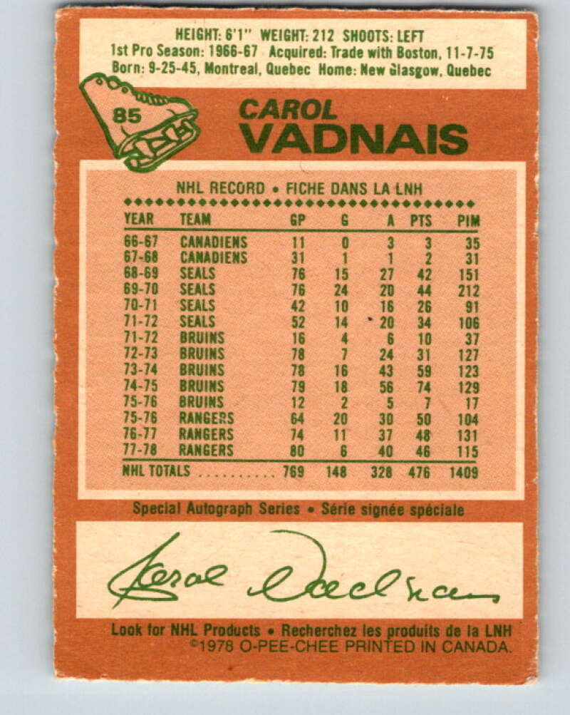 1978-79 O-Pee-Chee #85 Carol Vadnais New York Rangers V22052