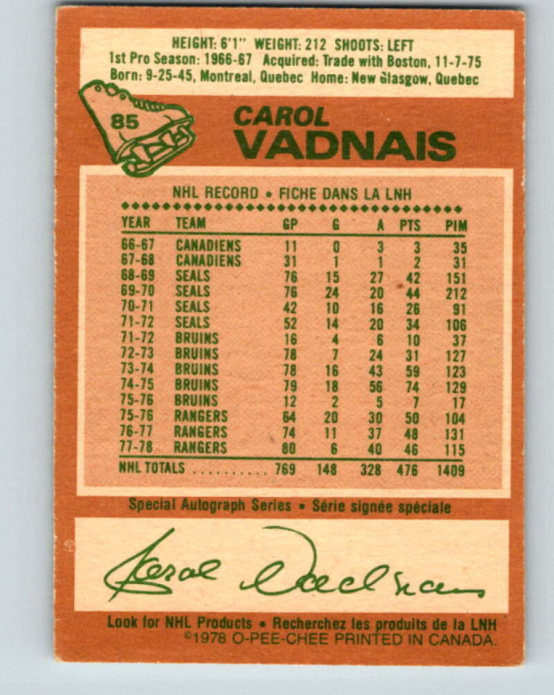 1978-79 O-Pee-Chee #85 Carol Vadnais New York Rangers V22054