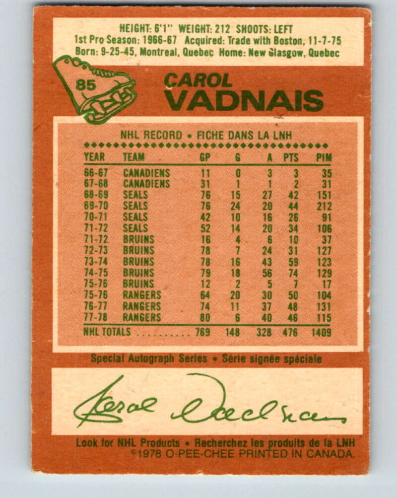 1978-79 O-Pee-Chee #85 Carol Vadnais New York Rangers V22055
