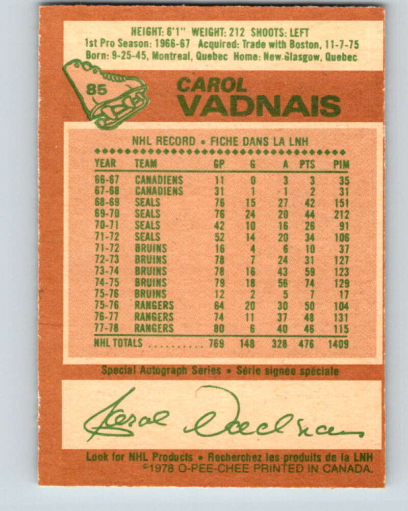 1978-79 O-Pee-Chee #85 Carol Vadnais New York Rangers V22057