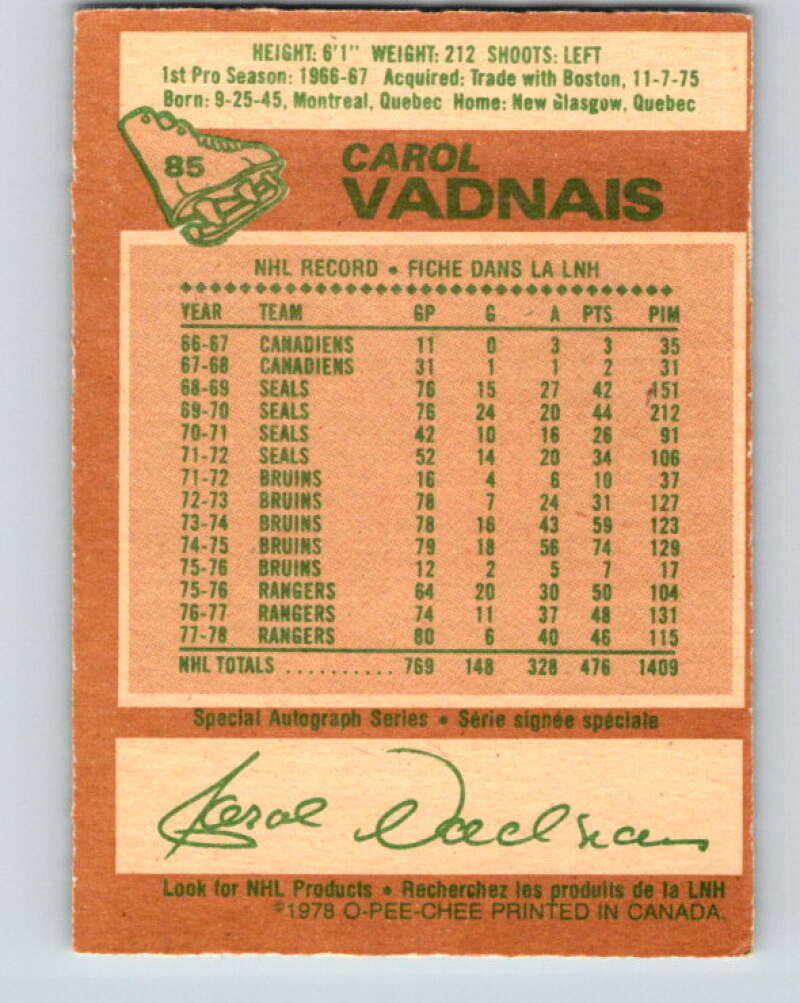 1978-79 O-Pee-Chee #85 Carol Vadnais New York Rangers V22058