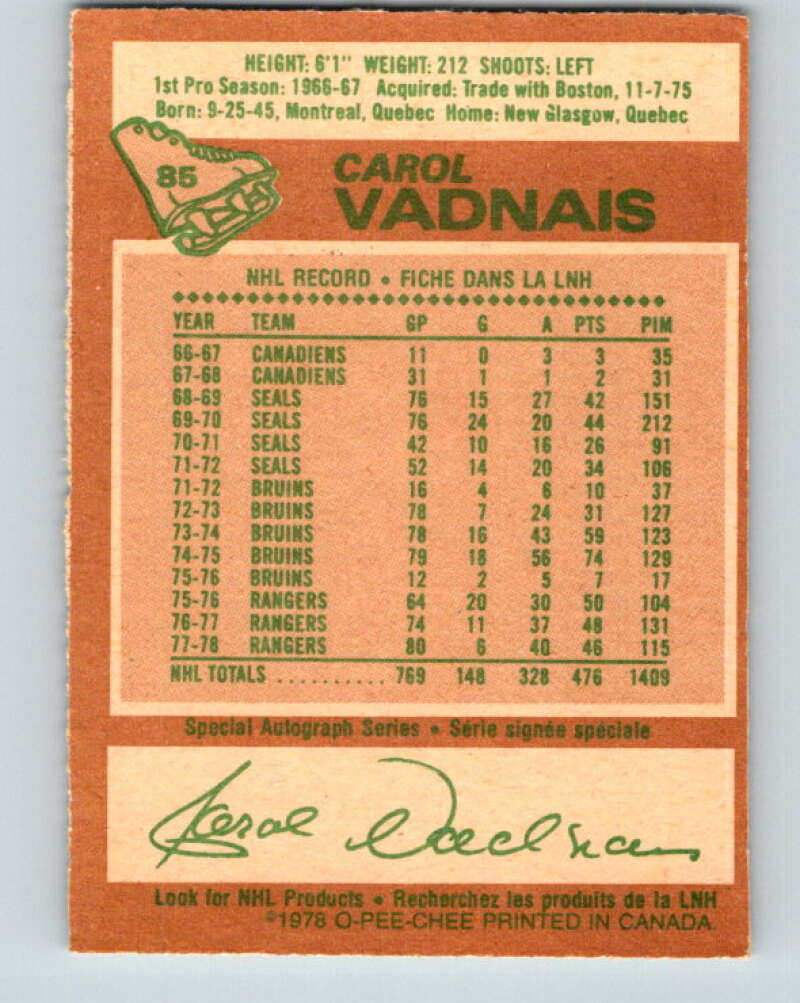 1978-79 O-Pee-Chee #85 Carol Vadnais New York Rangers V22061