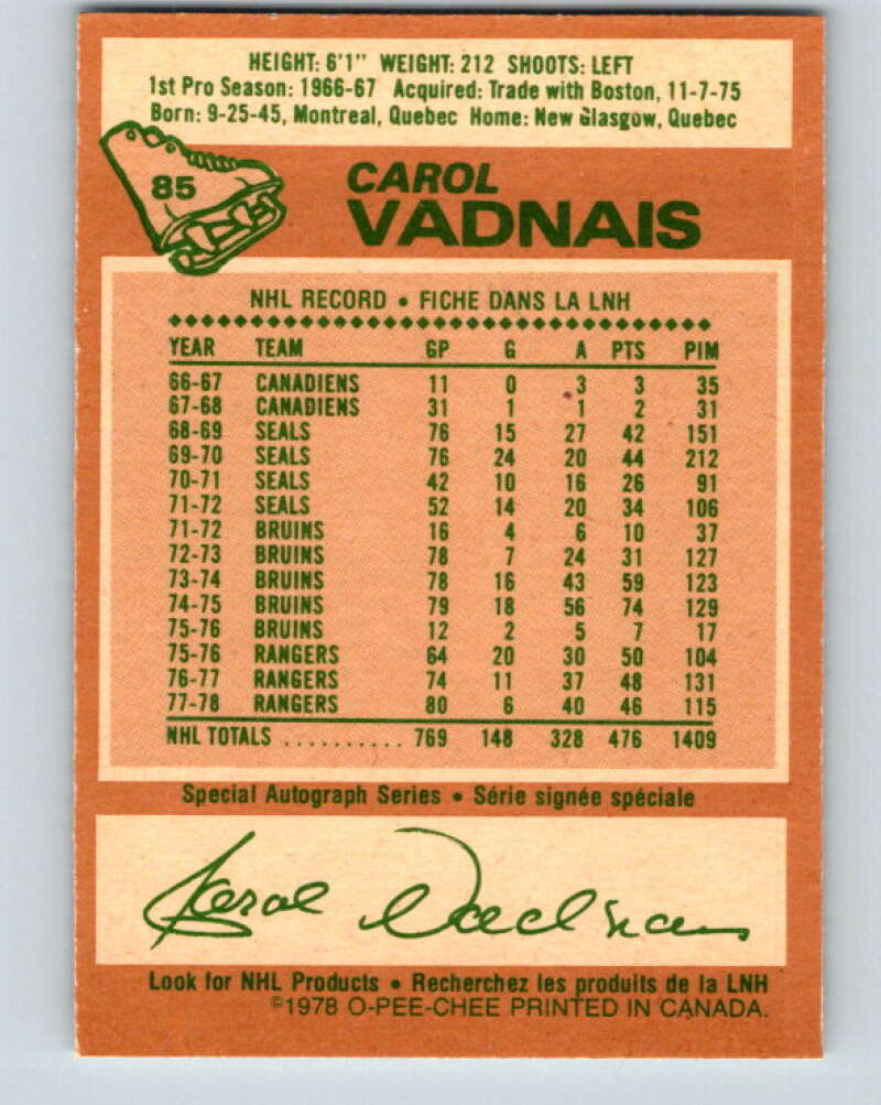 1978-79 O-Pee-Chee #85 Carol Vadnais New York Rangers V22063