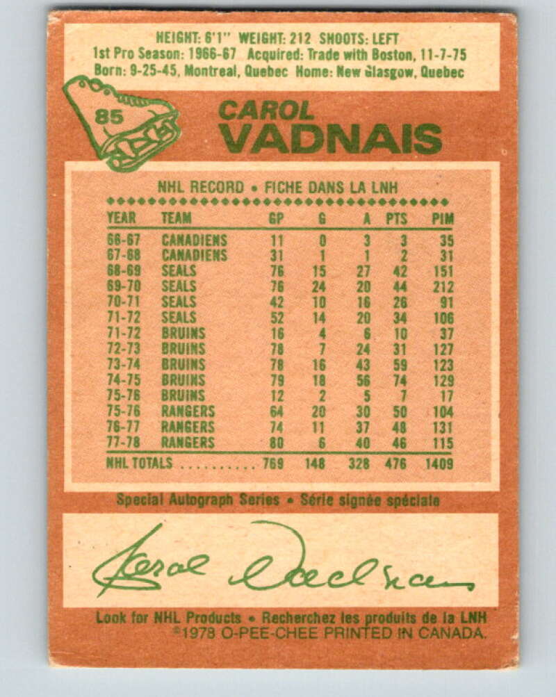 1978-79 O-Pee-Chee #85 Carol Vadnais New York Rangers V22064