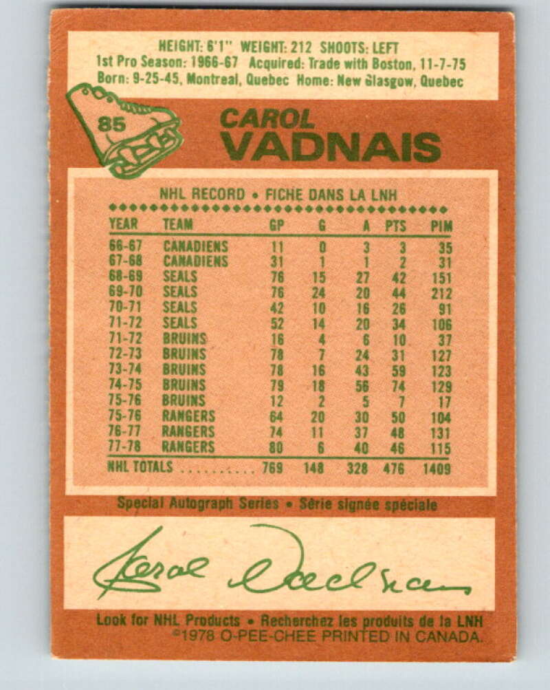 1978-79 O-Pee-Chee #85 Carol Vadnais New York Rangers V22067
