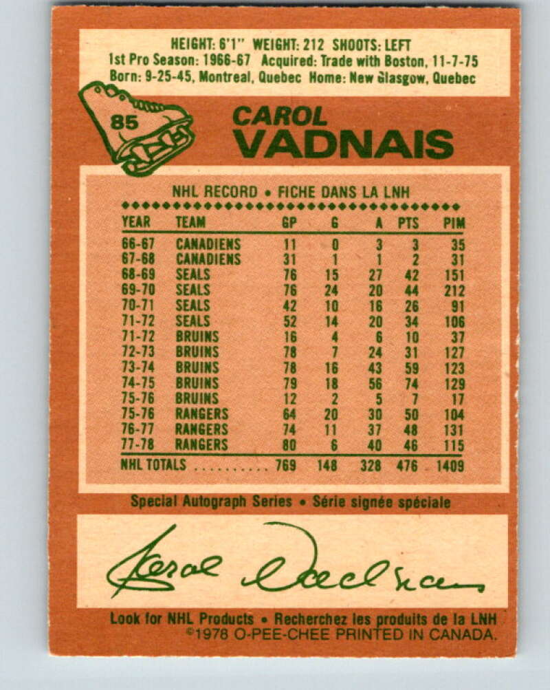 1978-79 O-Pee-Chee #85 Carol Vadnais New York Rangers V22068