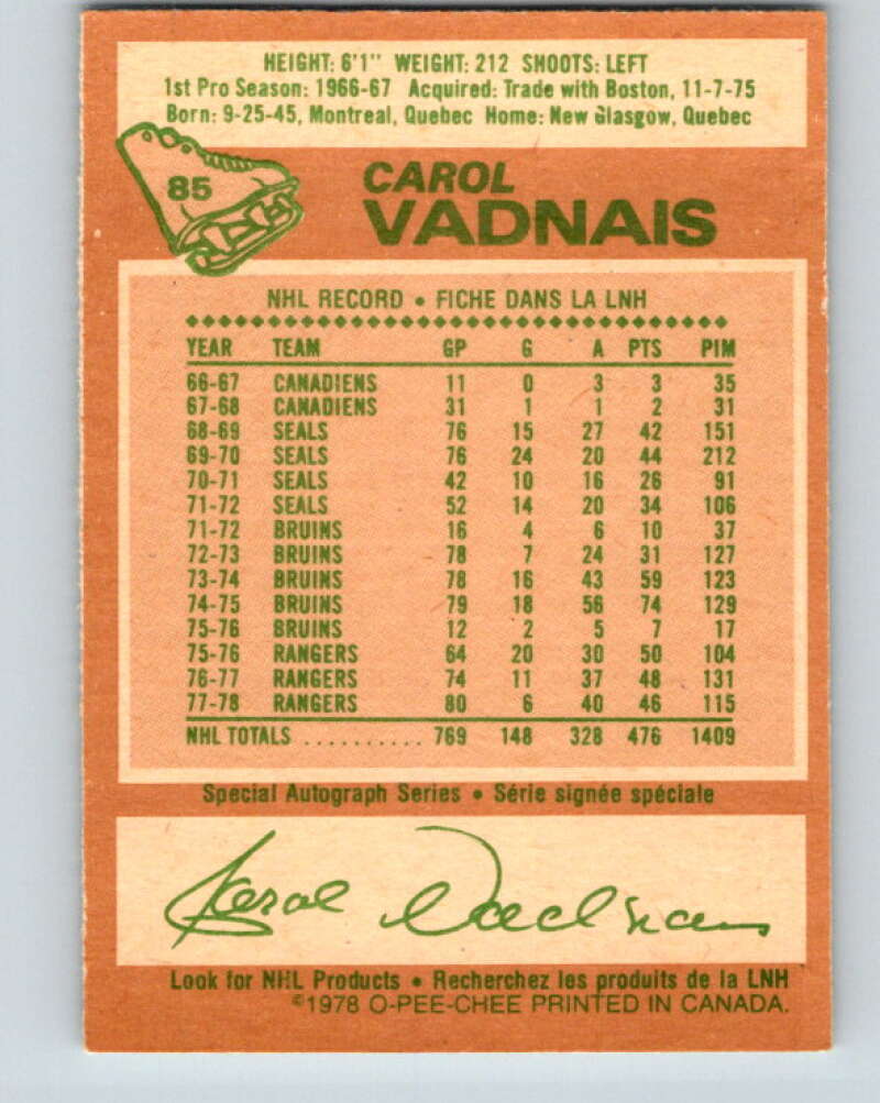 1978-79 O-Pee-Chee #85 Carol Vadnais New York Rangers V22071
