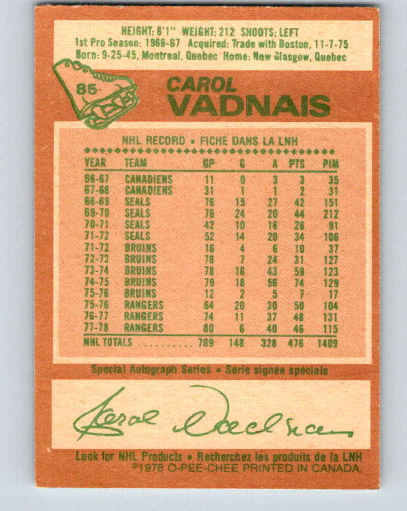 1978-79 O-Pee-Chee #85 Carol Vadnais New York Rangers V22073