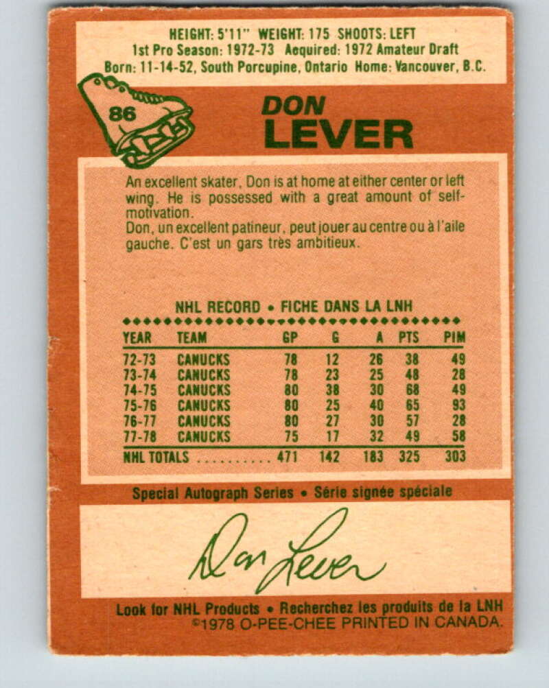 1978-79 O-Pee-Chee #86 Don Lever Vancouver Canucks V22079